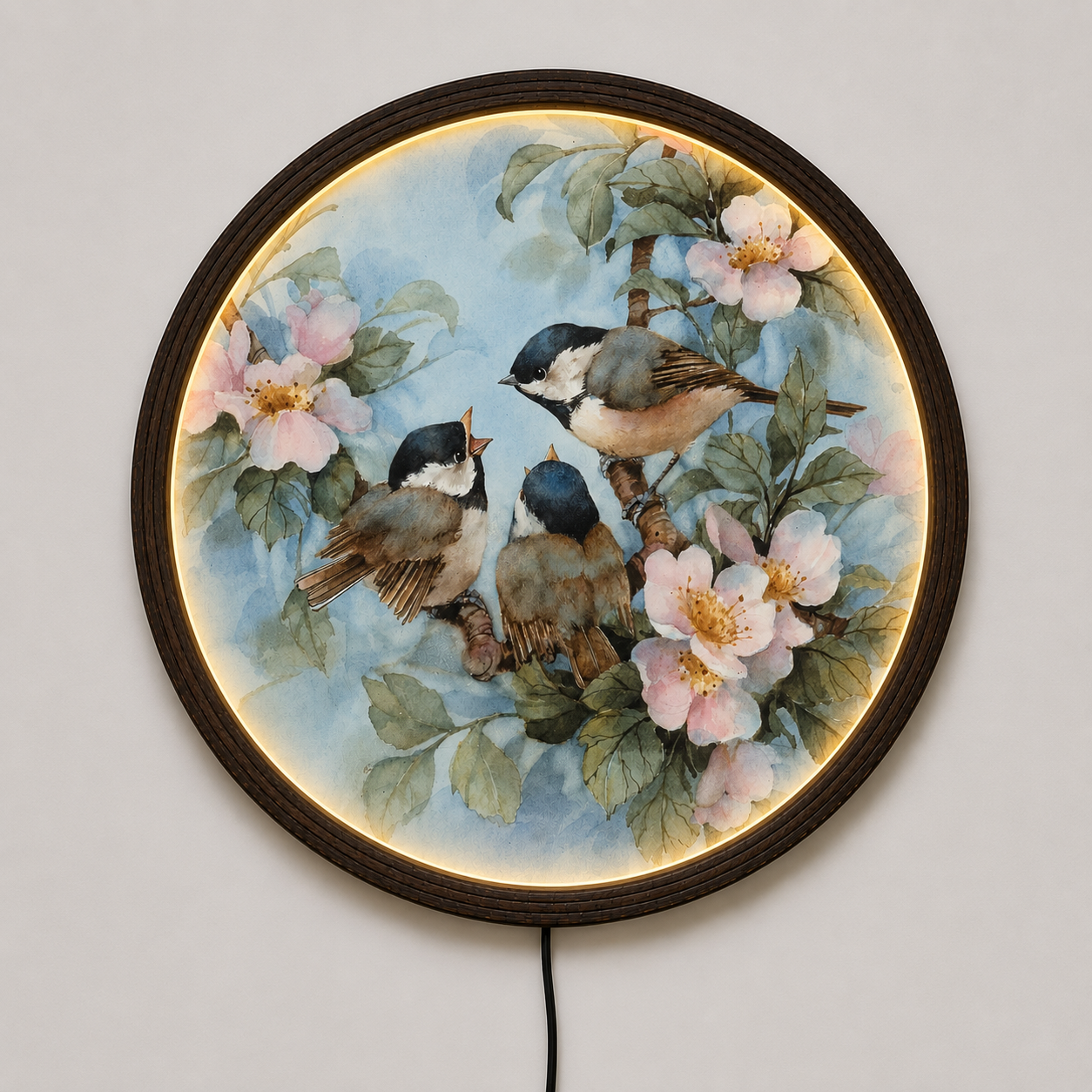 LED Bird & Blossom Round Wall Art | Illuminated Floral Decor | Modern Home Decor Wall Light | Handmade Circular Hanging Sign