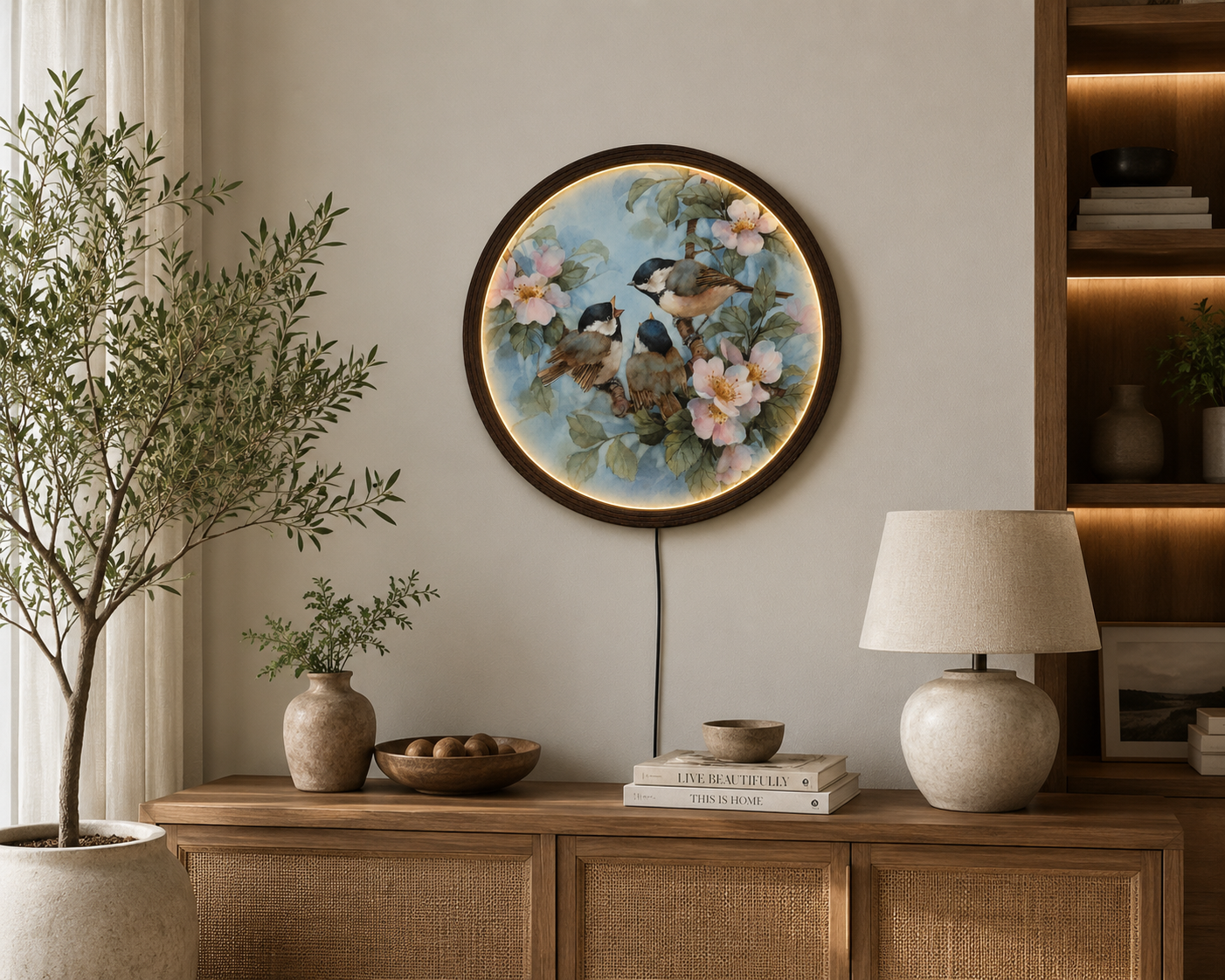 LED Bird & Blossom Round Wall Art | Illuminated Floral Decor | Modern Home Decor Wall Light | Handmade Circular Hanging Sign