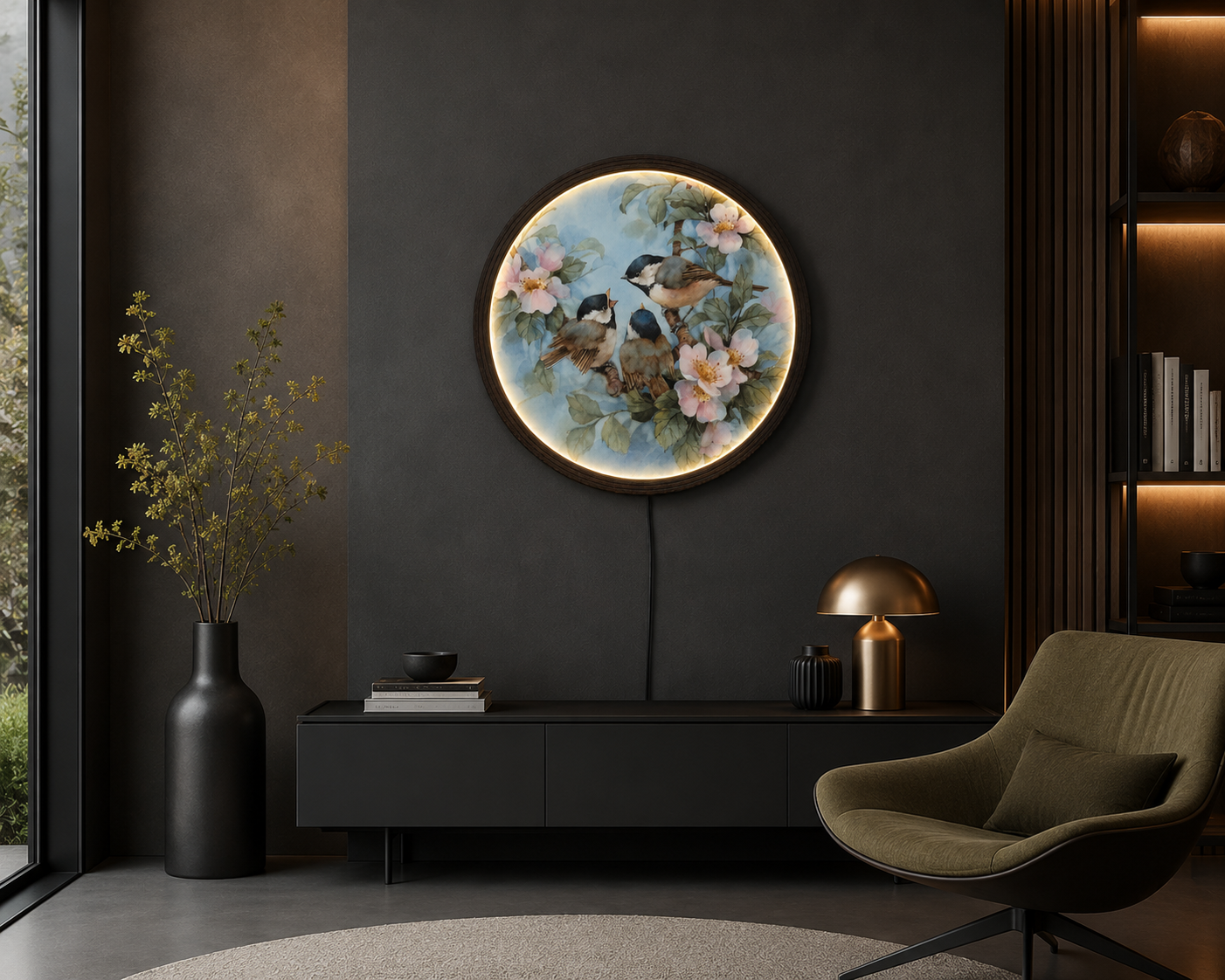 LED Bird & Blossom Round Wall Art | Illuminated Floral Decor | Modern Home Decor Wall Light | Handmade Circular Hanging Sign
