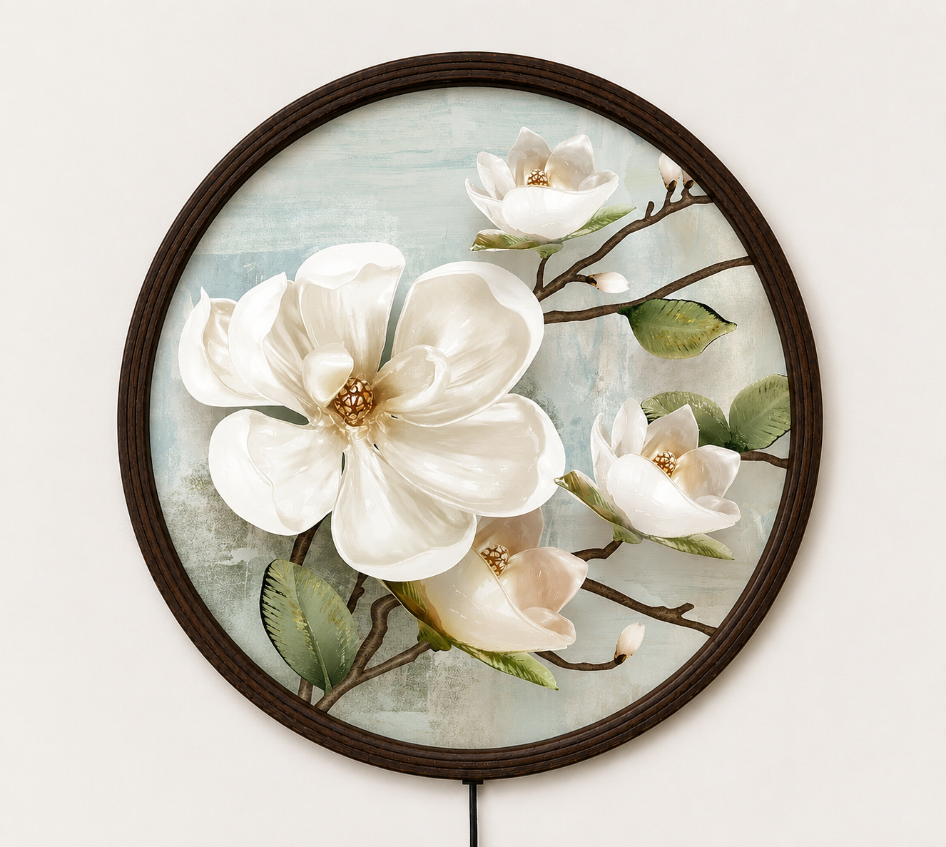 Round LED Magnolia Wall Art – Modern Floral Lighted Wall Decor for Living Room