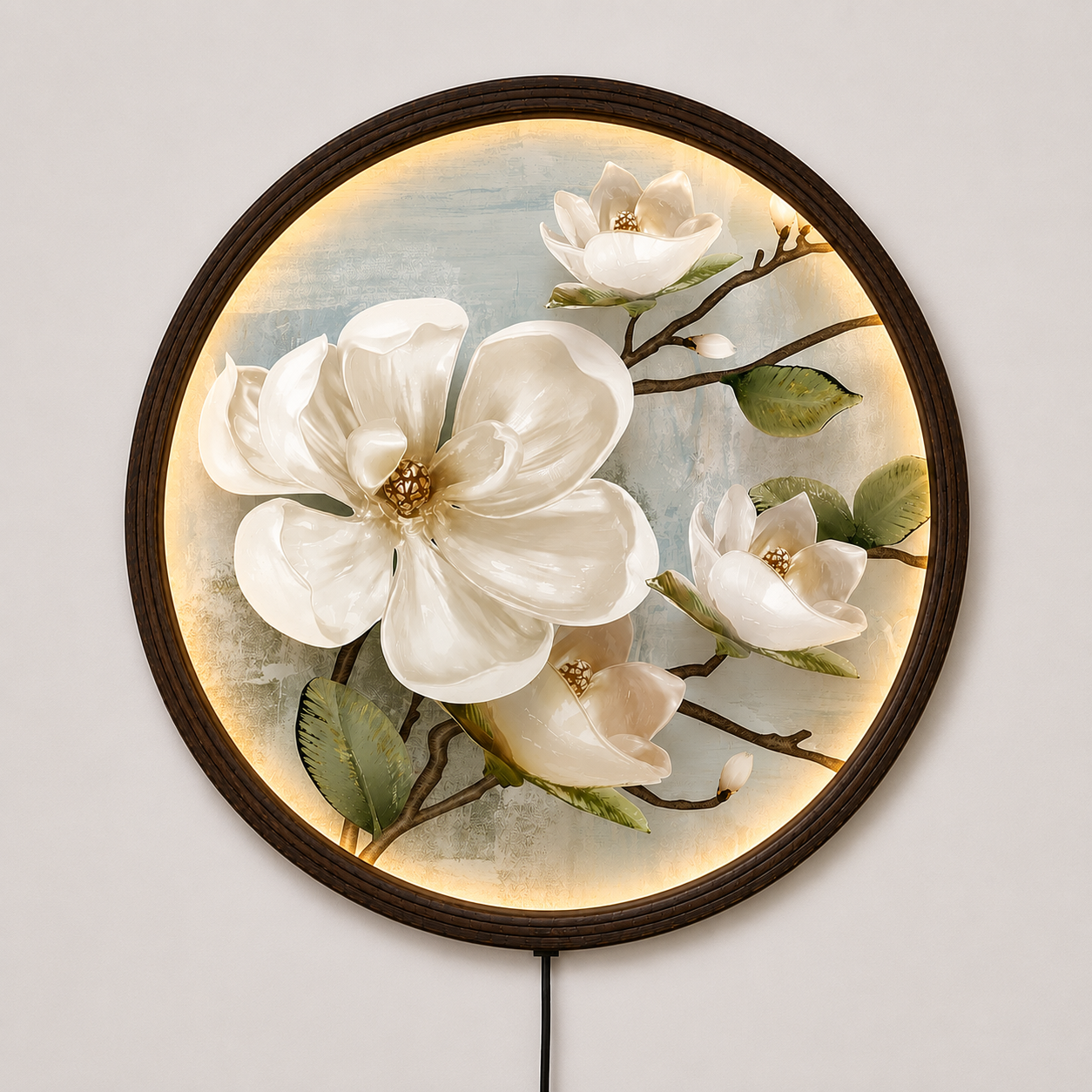 Round LED Magnolia Wall Art – Modern Floral Lighted Wall Decor for Living Room