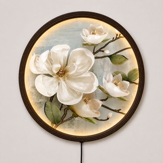 Round LED Magnolia Wall Art – Modern Floral Lighted Wall Decor for Living Room