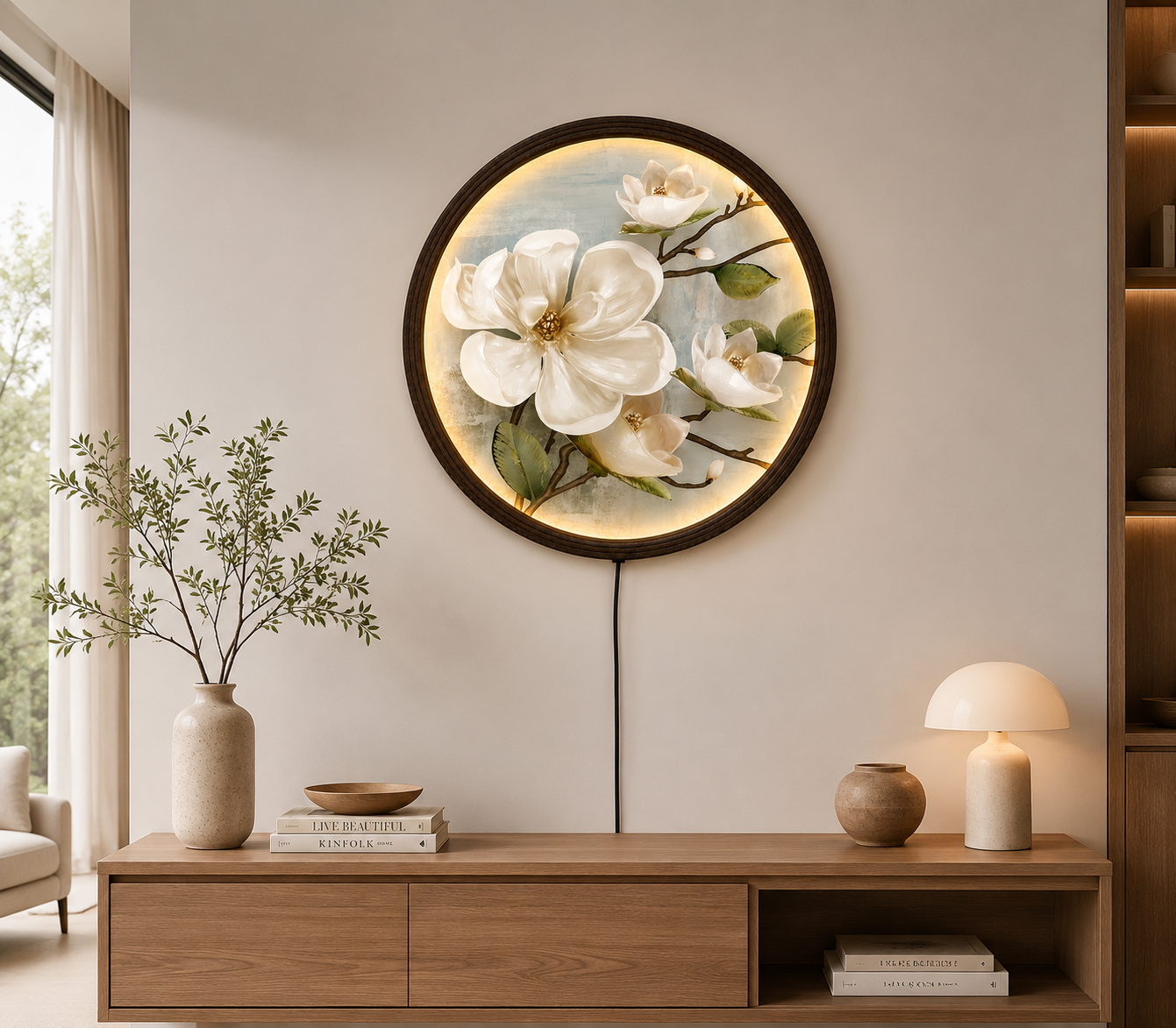 Round LED Magnolia Wall Art – Modern Floral Lighted Wall Decor for Living Room