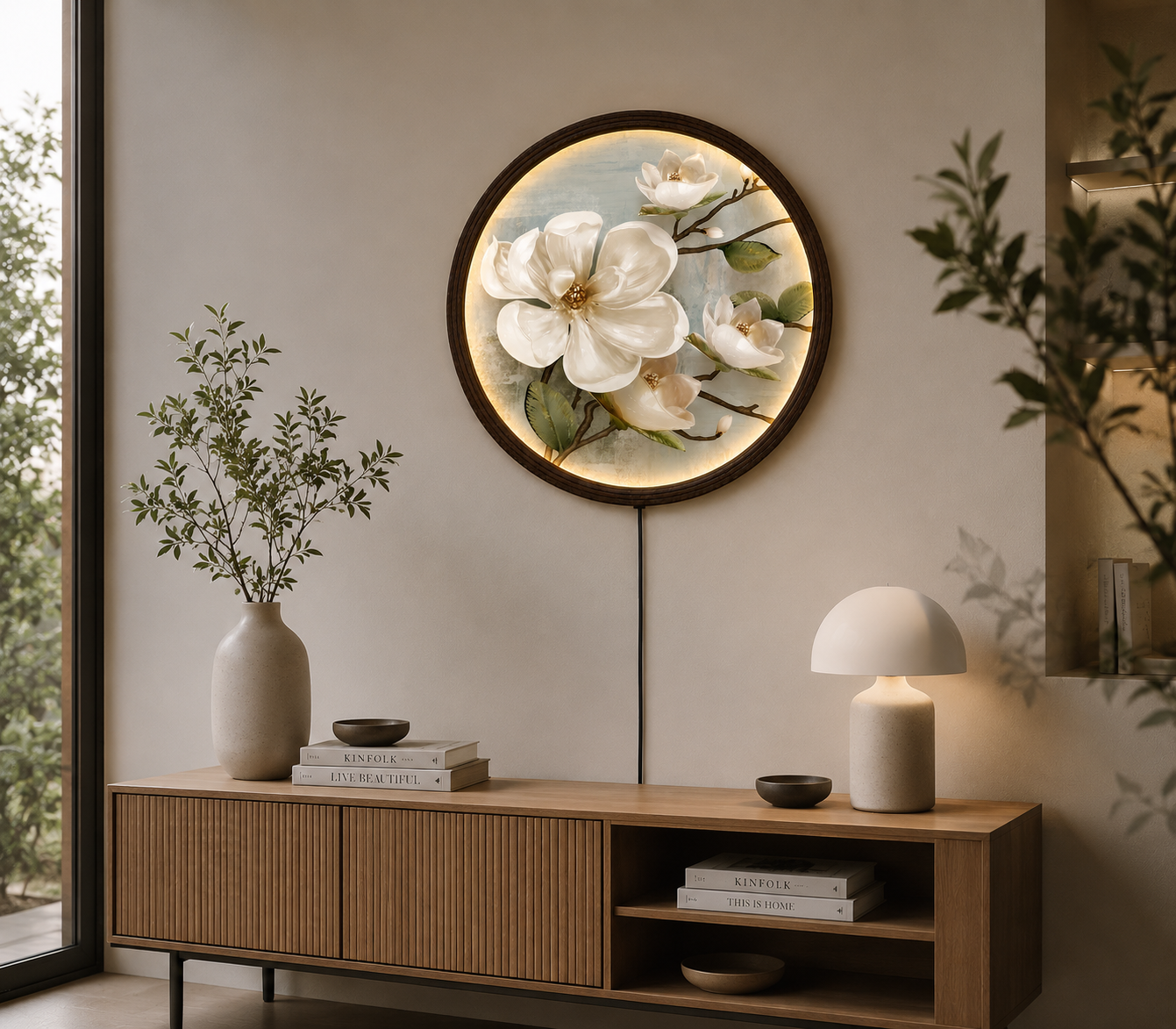 Round LED Magnolia Wall Art – Modern Floral Lighted Wall Decor for Living Room