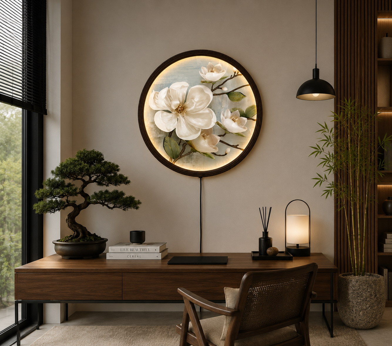 Round LED Magnolia Wall Art – Modern Floral Lighted Wall Decor for Living Room