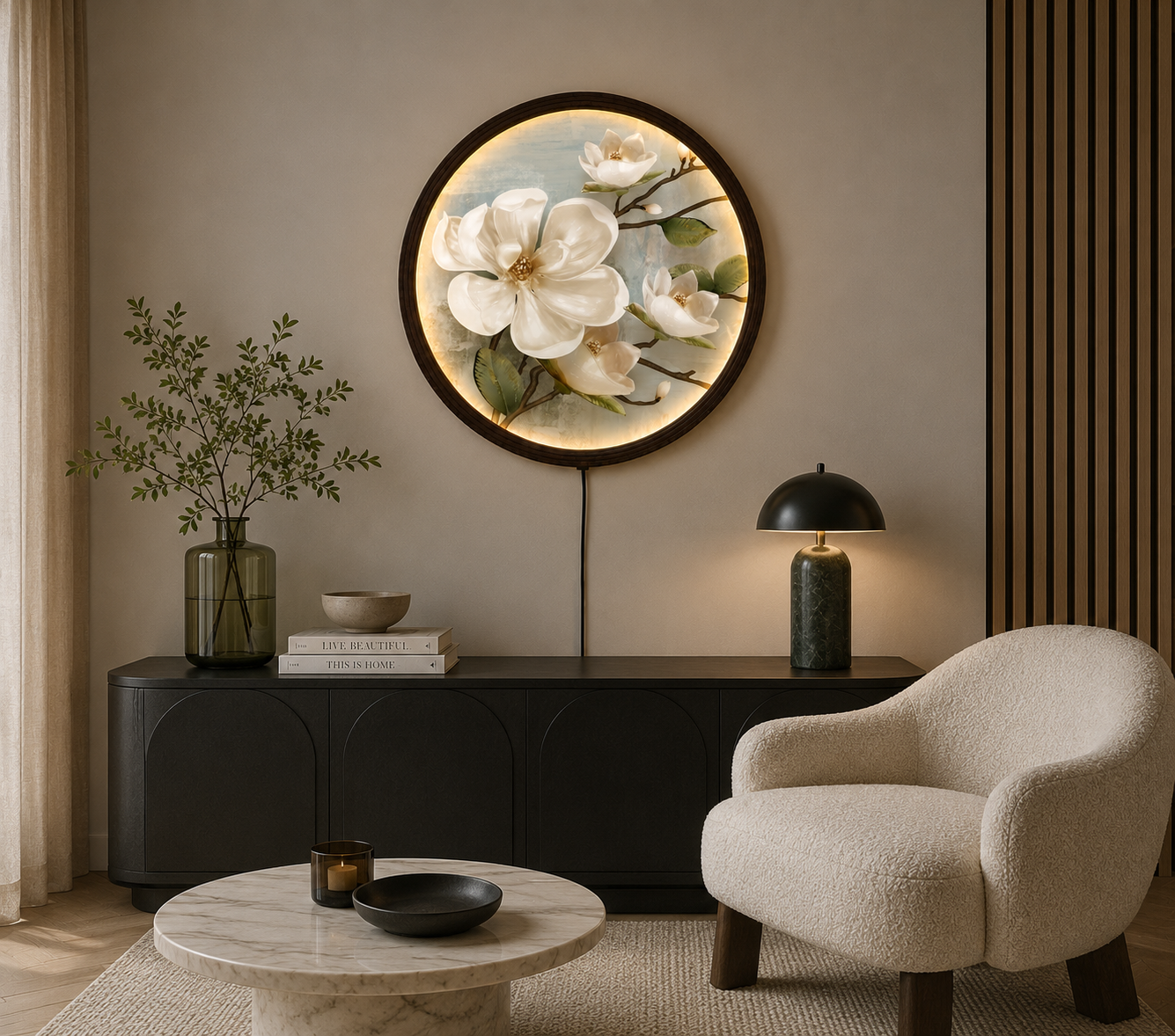 Round LED Magnolia Wall Art – Modern Floral Lighted Wall Decor for Living Room