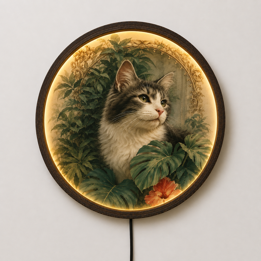 Illuminated Cat Wall Art, Round LED Lighted Picture Frame, Vintage Botanical Cat Decor, Cozy Home Accent