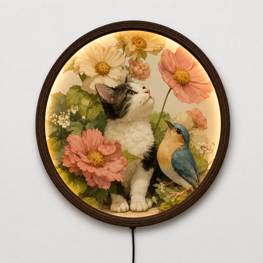 Vintage Cat & Bird Floral LED Wall Art – Round Illuminated Home Decor