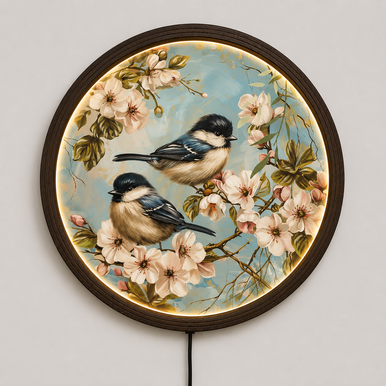 Round LED Bird Wall Art – Cherry Blossom Lighted Wall Decor for Living Room