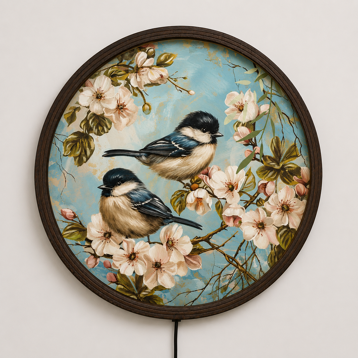 Round LED Bird Wall Art – Cherry Blossom Lighted Wall Decor for Living Room