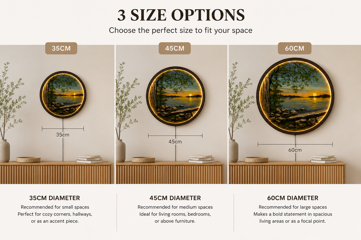 LED Sunset Lake Wall Art with Tree – Round Illuminated Nature Wall Decor, Modern Home Decor, Wooden Frame
