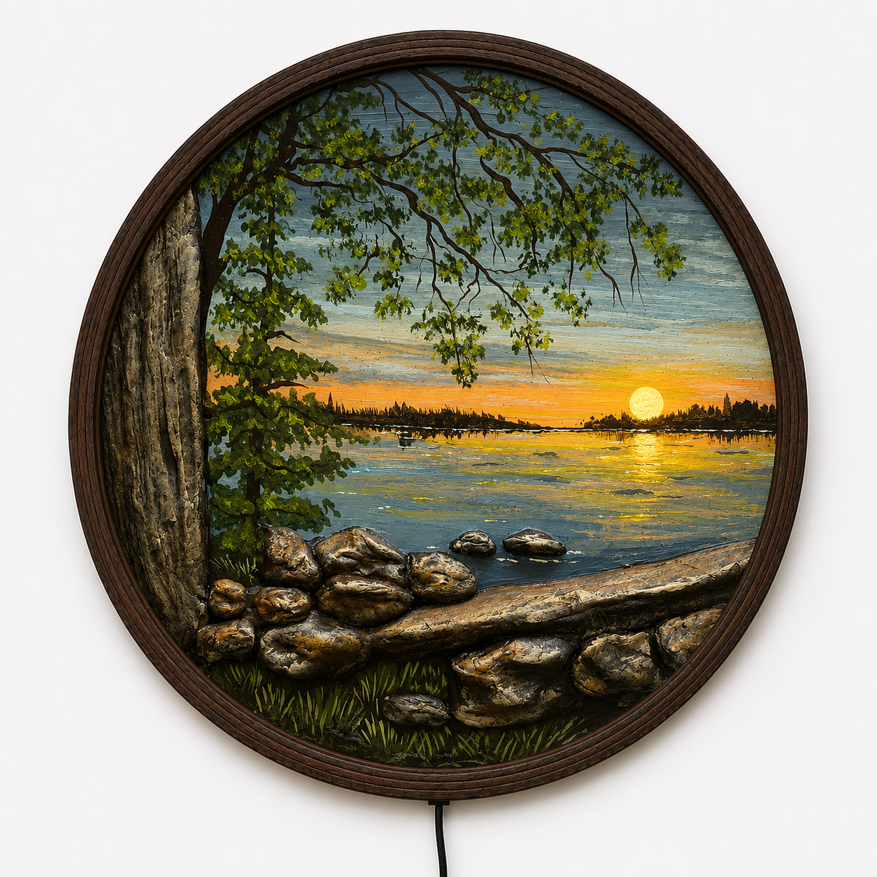 LED Sunset Lake Wall Art with Tree – Round Illuminated Nature Wall Decor, Modern Home Decor, Wooden Frame