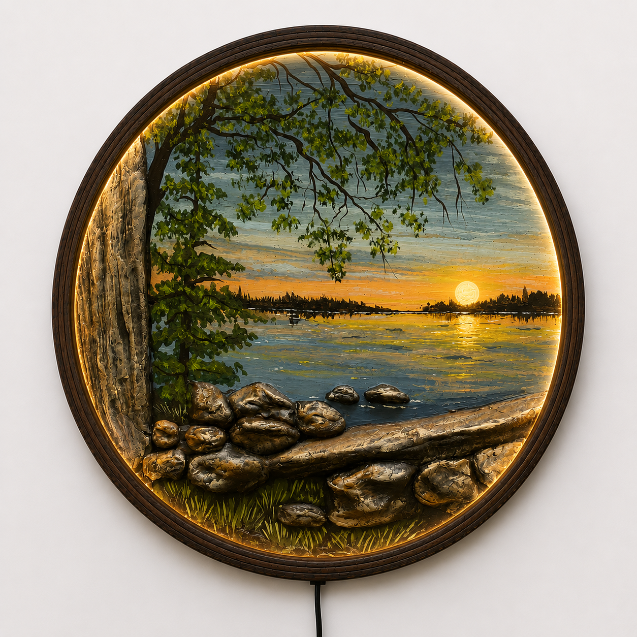 LED Sunset Lake Wall Art with Tree – Round Illuminated Nature Wall Decor, Modern Home Decor, Wooden Frame