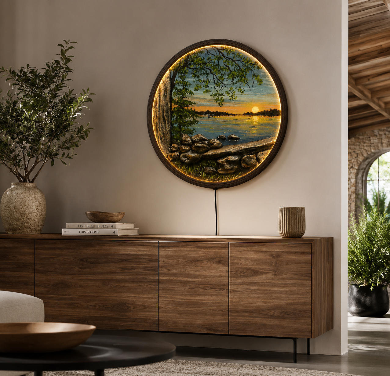 LED Sunset Lake Wall Art with Tree – Round Illuminated Nature Wall Decor, Modern Home Decor, Wooden Frame