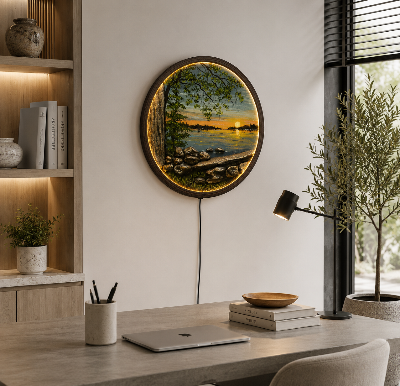 LED Sunset Lake Wall Art with Tree – Round Illuminated Nature Wall Decor, Modern Home Decor, Wooden Frame