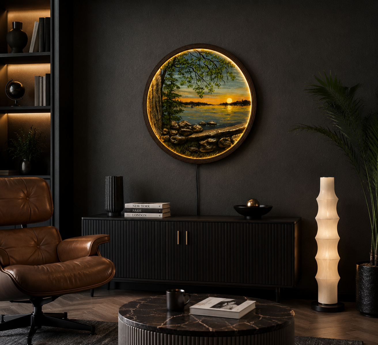 LED Sunset Lake Wall Art with Tree – Round Illuminated Nature Wall Decor, Modern Home Decor, Wooden Frame