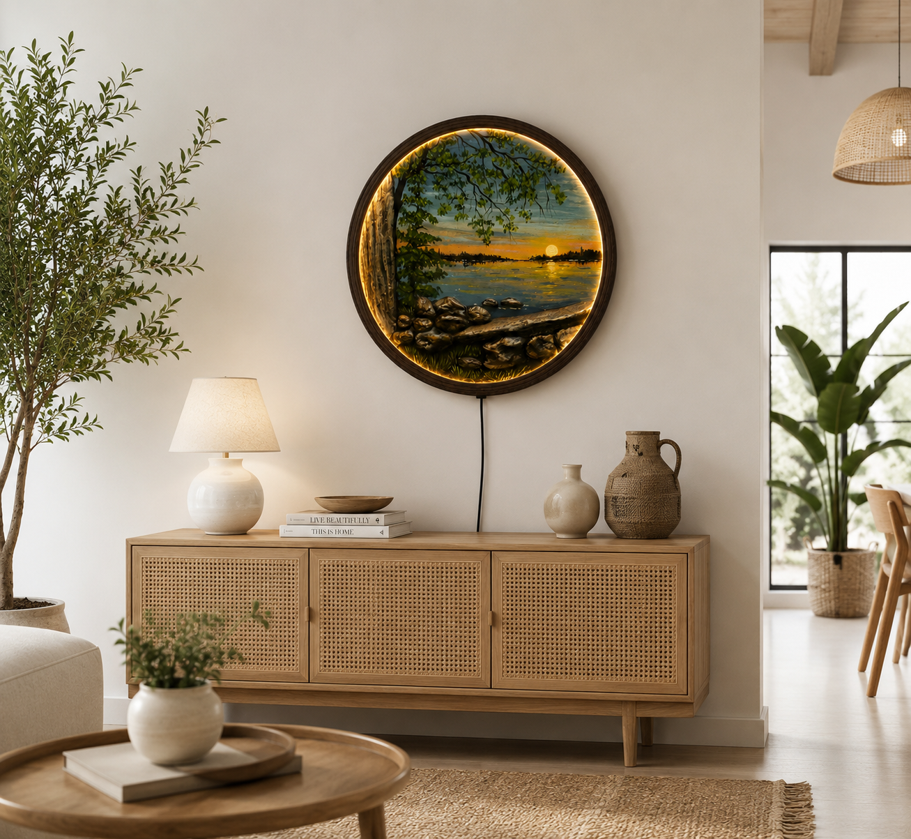 LED Sunset Lake Wall Art with Tree – Round Illuminated Nature Wall Decor, Modern Home Decor, Wooden Frame
