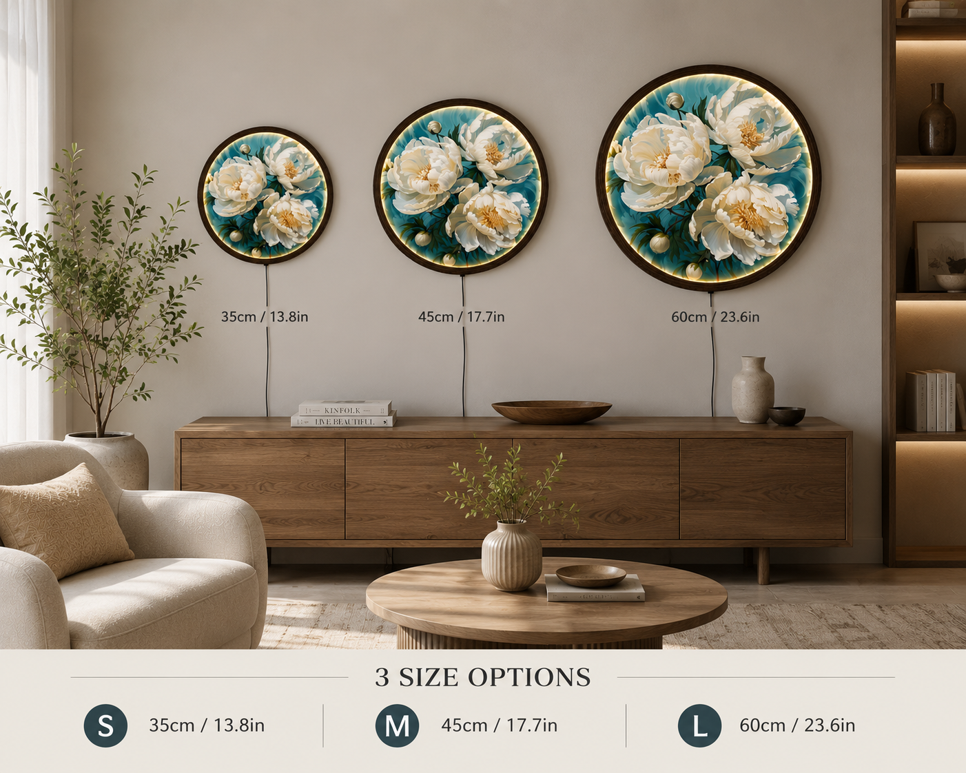 White Peony LED Round Wall Art – Luxury Floral Home Decor with Warm Ambient Light