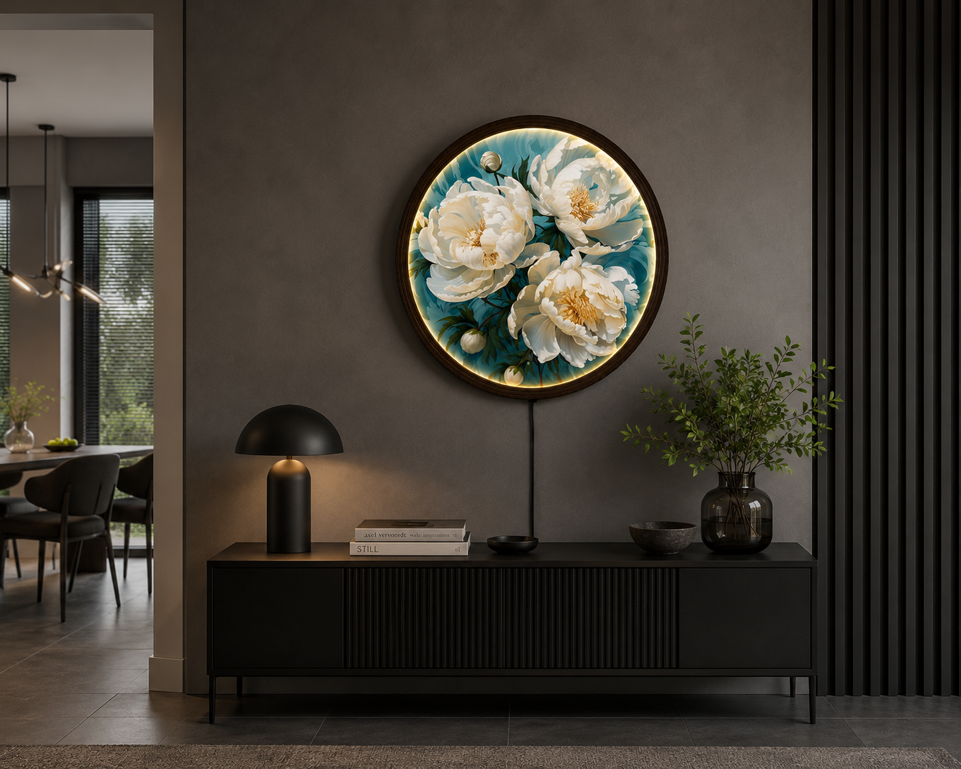 White Peony LED Round Wall Art – Luxury Floral Home Decor with Warm Ambient Light