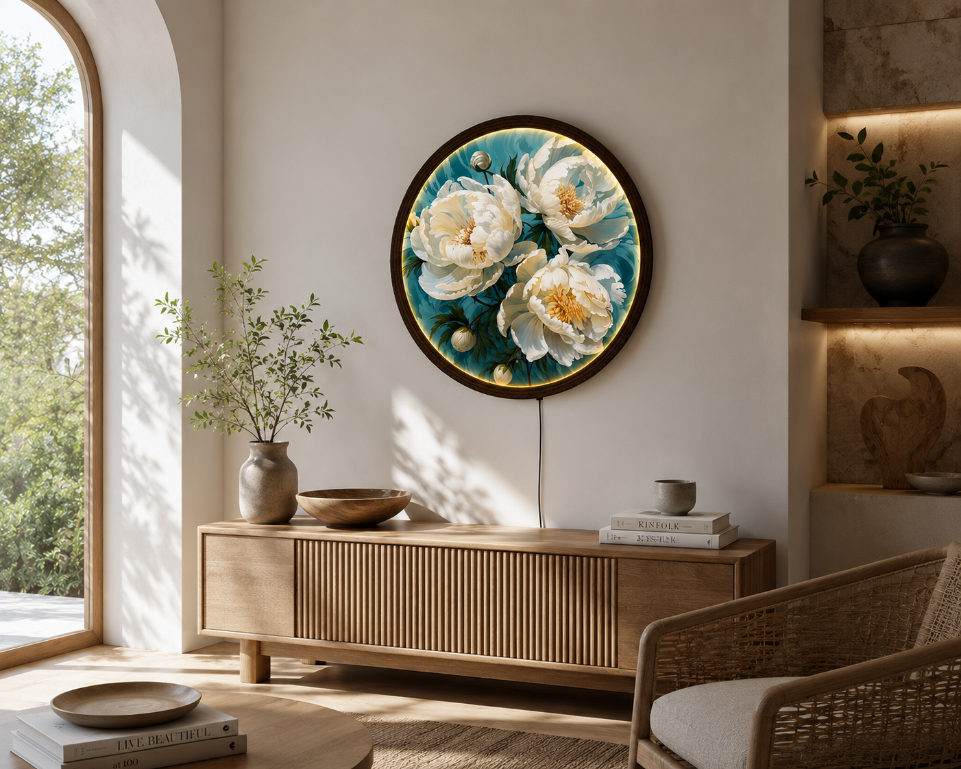 White Peony LED Round Wall Art – Luxury Floral Home Decor with Warm Ambient Light