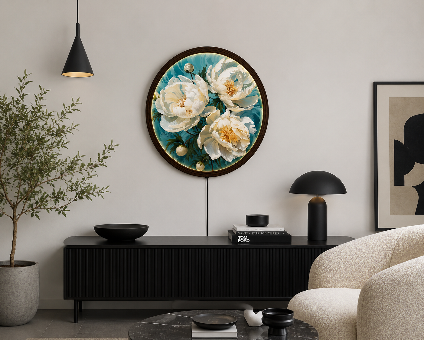 White Peony LED Round Wall Art – Luxury Floral Home Decor with Warm Ambient Light