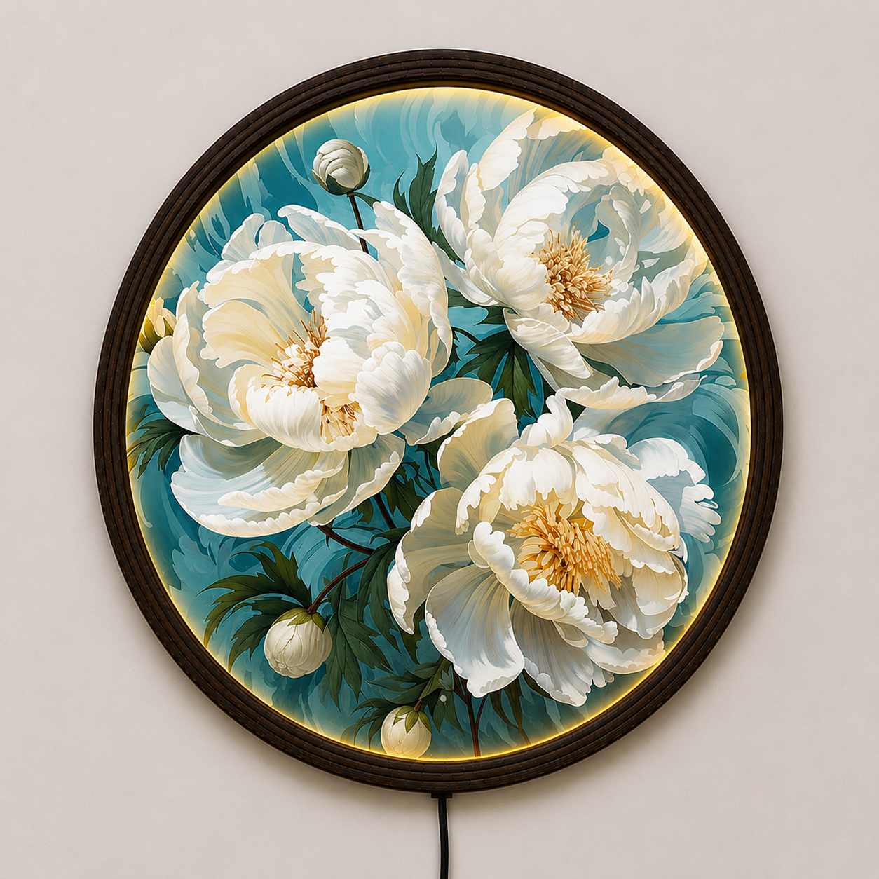 White Peony LED Round Wall Art – Luxury Floral Home Decor with Warm Ambient Light