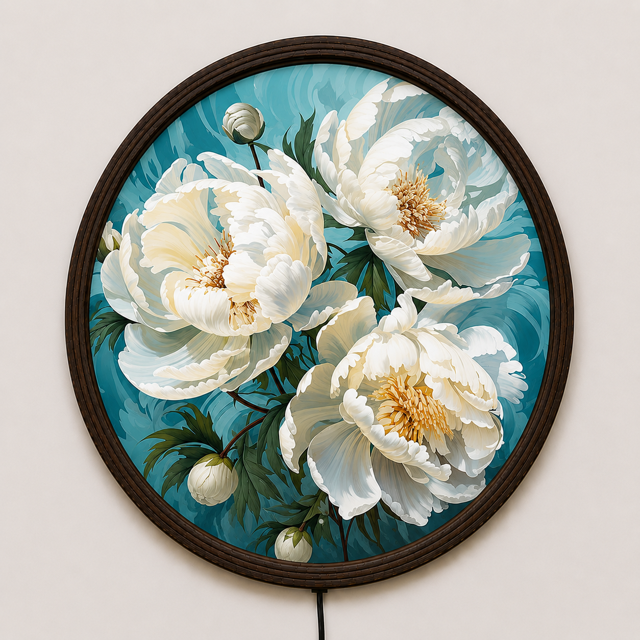 White Peony LED Round Wall Art – Luxury Floral Home Decor with Warm Ambient Light