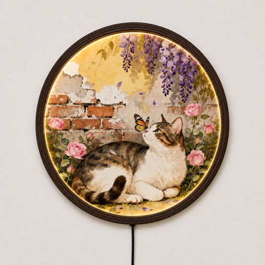 Vintage Cat & Floral Round LED Wall Art – Cottagecore Home Decor