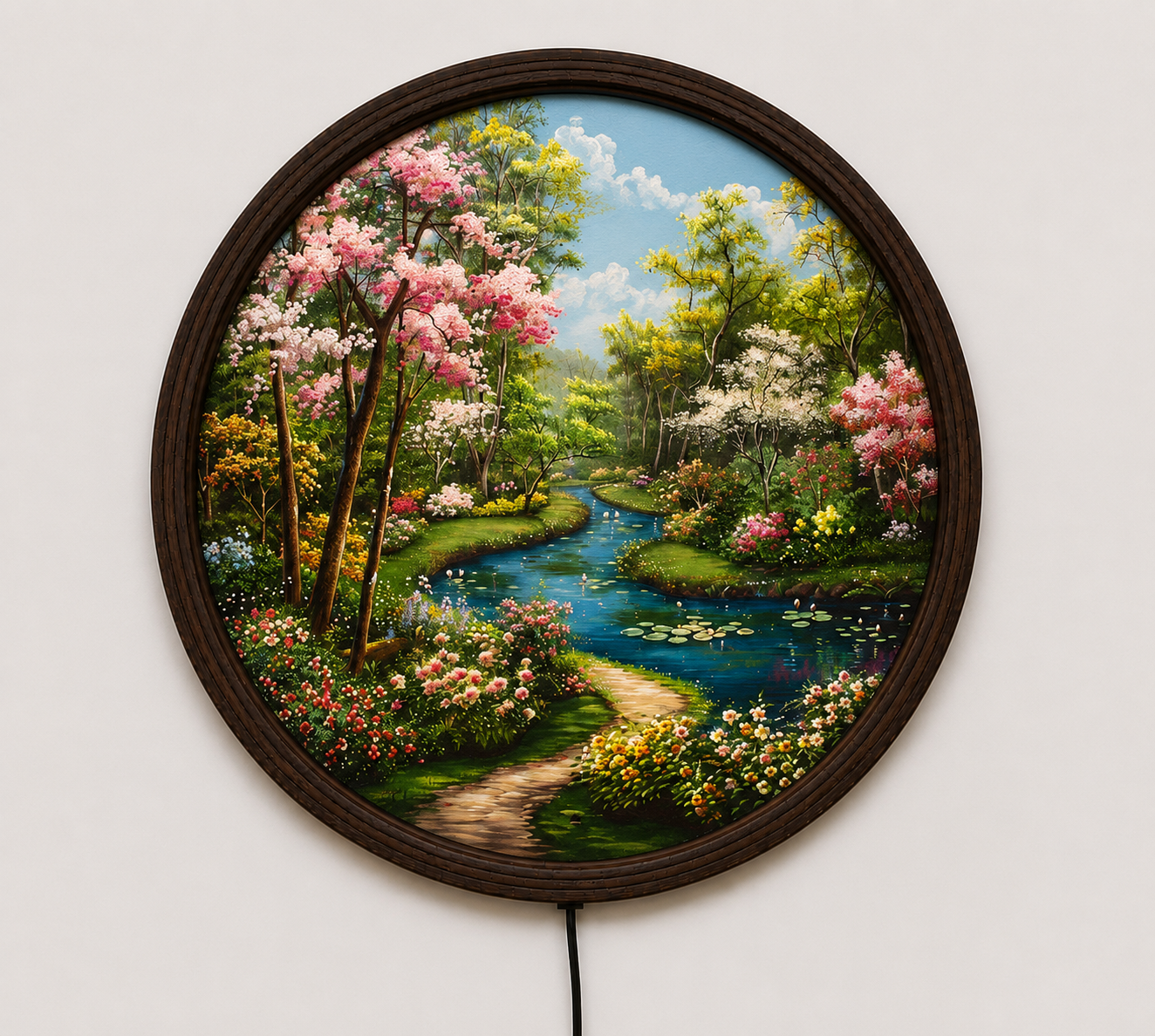 LED Illuminated Spring Garden Round Wall Art – Wooden Frame Home Decor