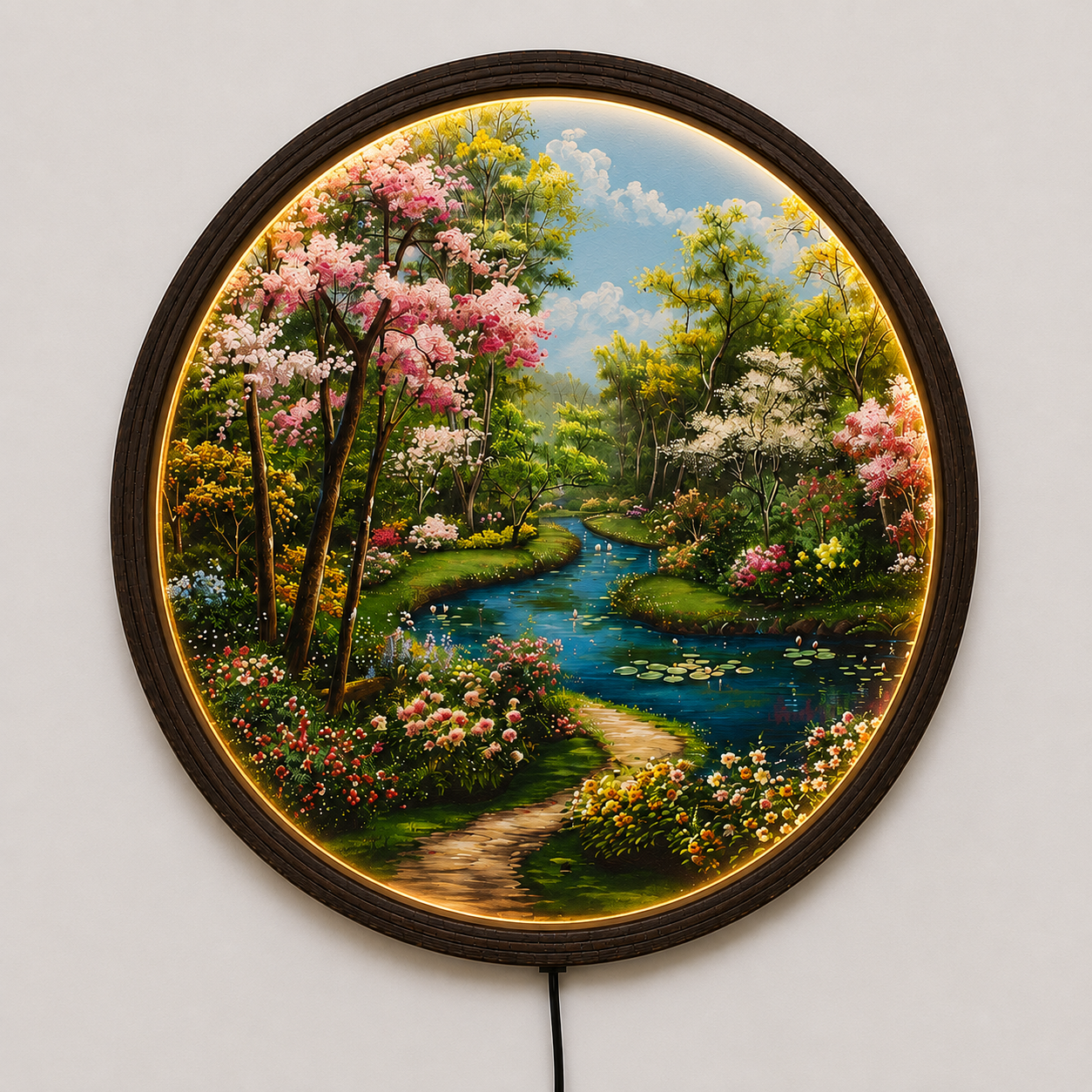 LED Illuminated Spring Garden Round Wall Art – Wooden Frame Home Decor