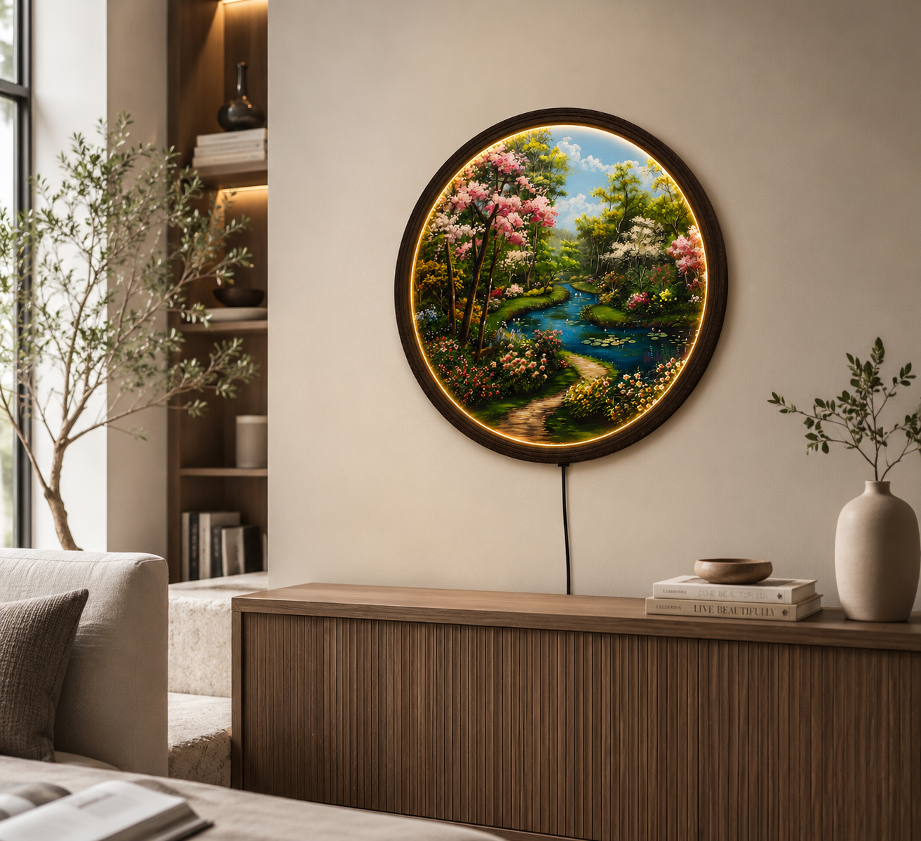 LED Illuminated Spring Garden Round Wall Art – Wooden Frame Home Decor