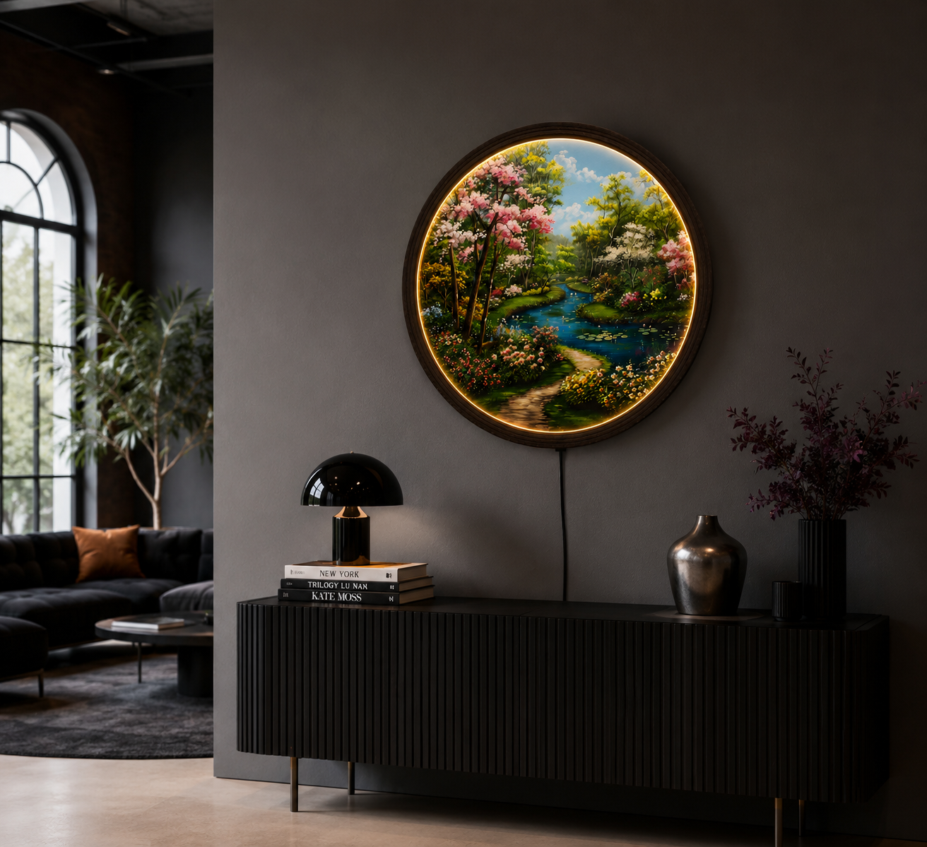 LED Illuminated Spring Garden Round Wall Art – Wooden Frame Home Decor