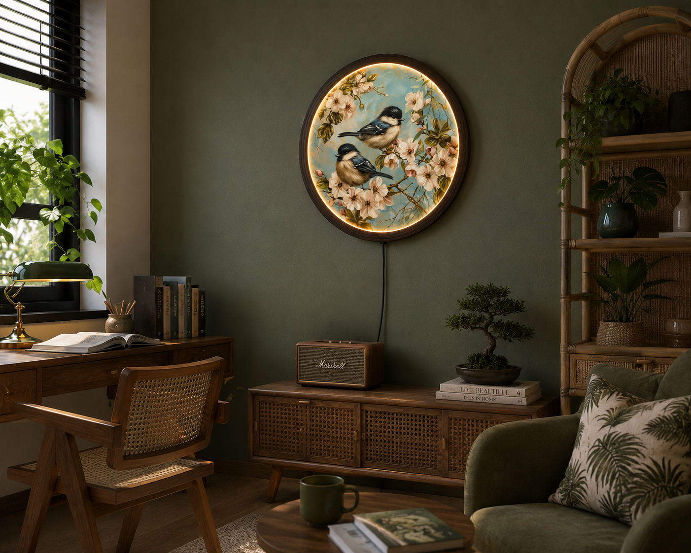 Round LED Bird Wall Art – Cherry Blossom Lighted Wall Decor for Living Room