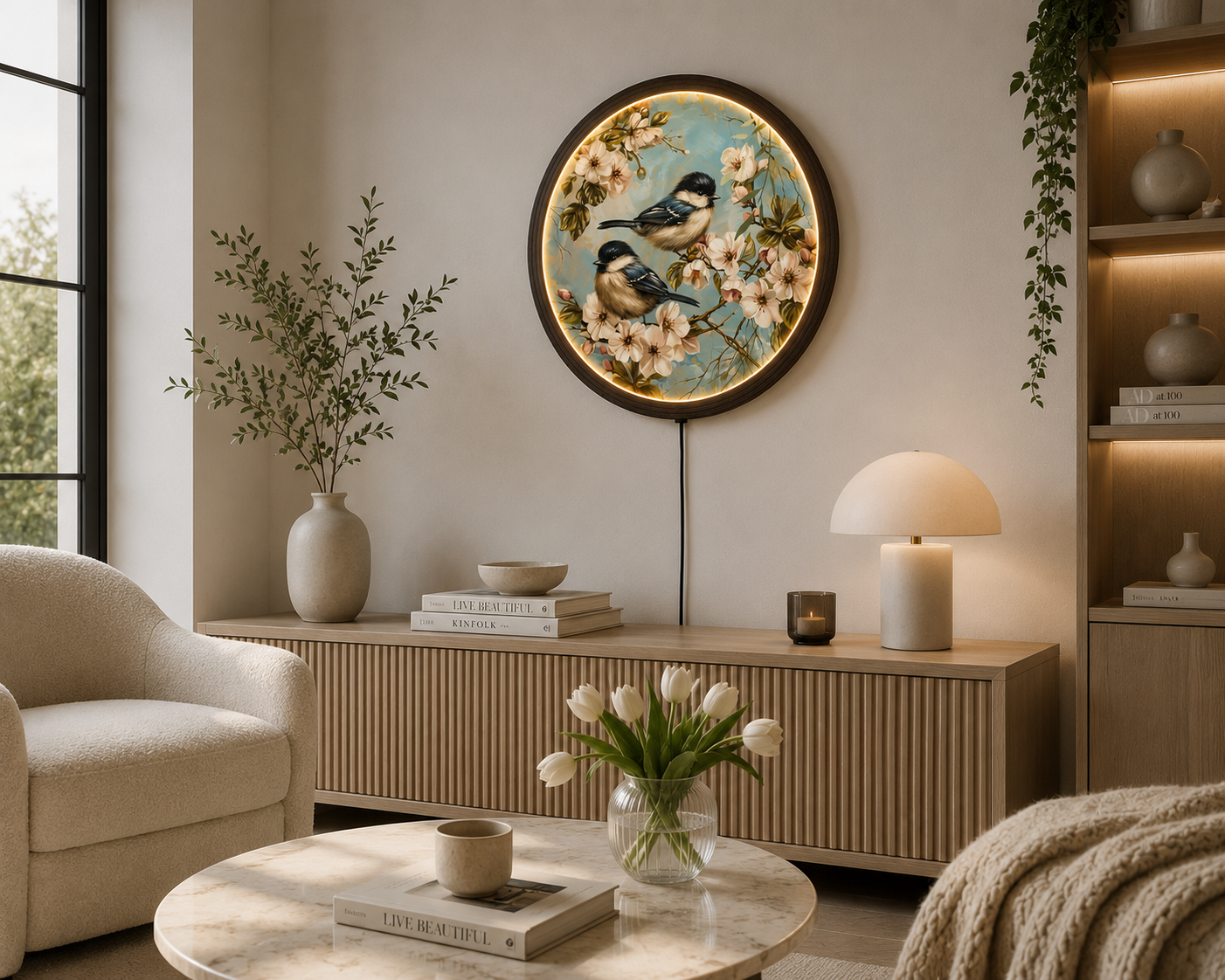 Round LED Bird Wall Art – Cherry Blossom Lighted Wall Decor for Living Room