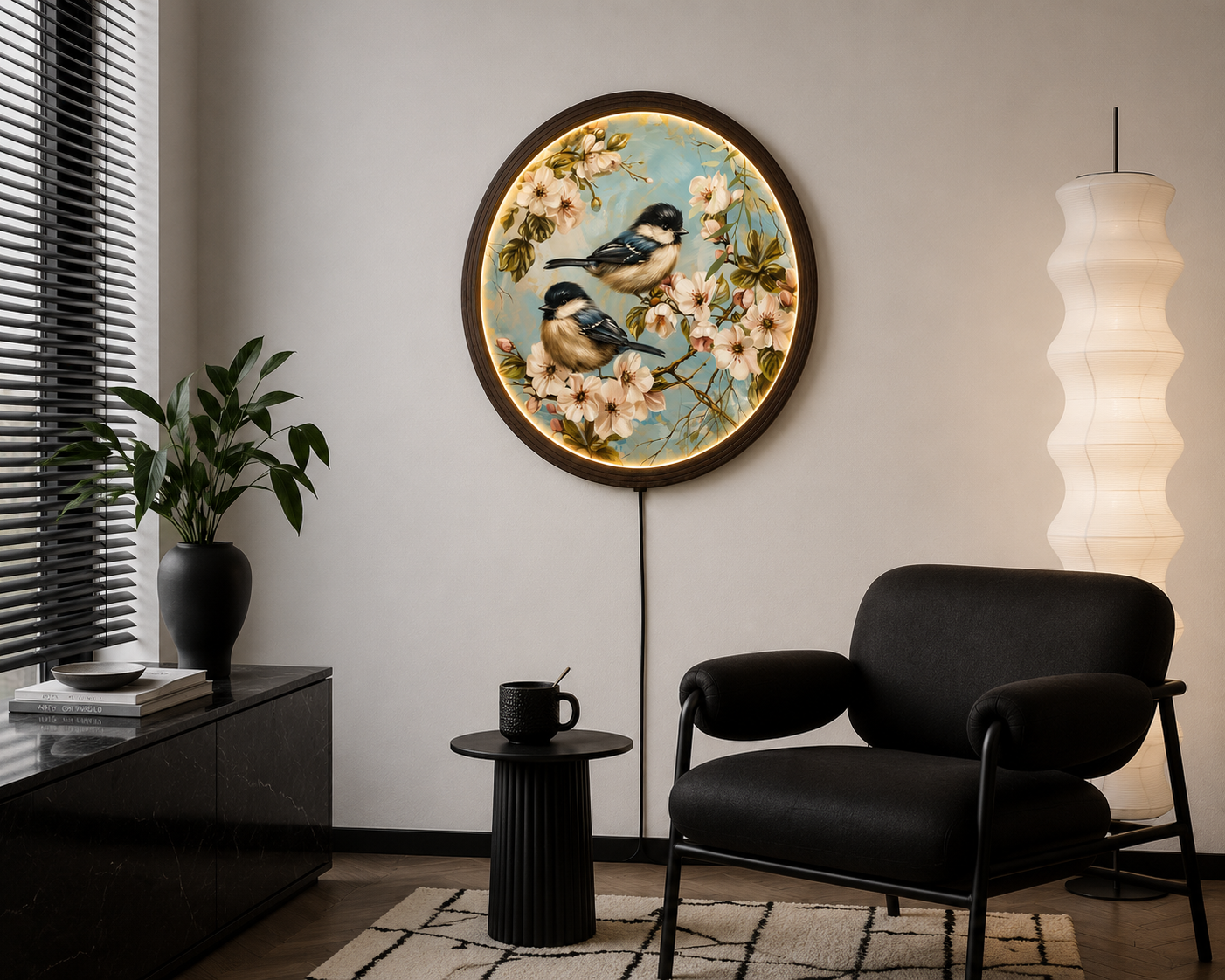 Round LED Bird Wall Art – Cherry Blossom Lighted Wall Decor for Living Room