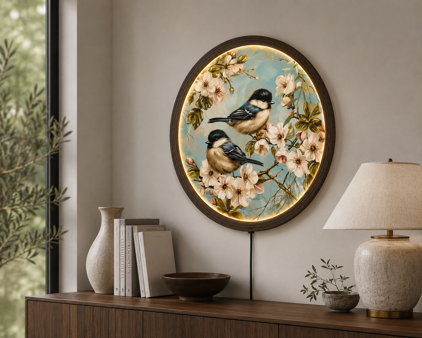Round LED Bird Wall Art – Cherry Blossom Lighted Wall Decor for Living Room