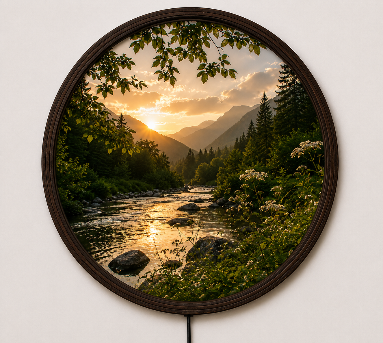Sunset Mountain River LED Wall Art – Round Nature Landscape Lighted Home Decor