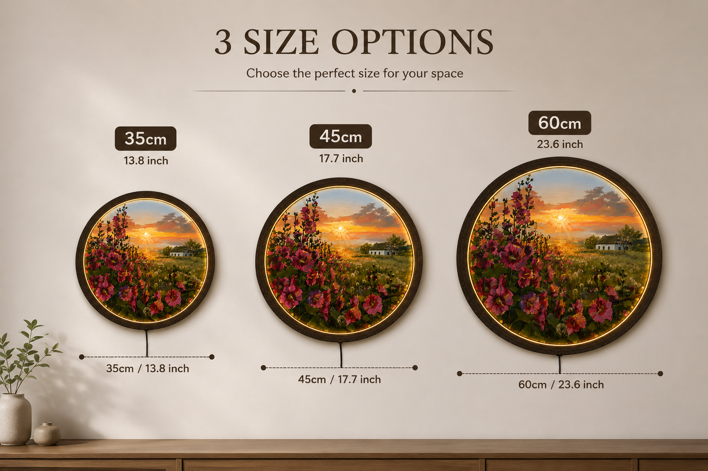 Sunset Wildflower LED Round Wall Art – Rustic Wooden Frame Home Decor