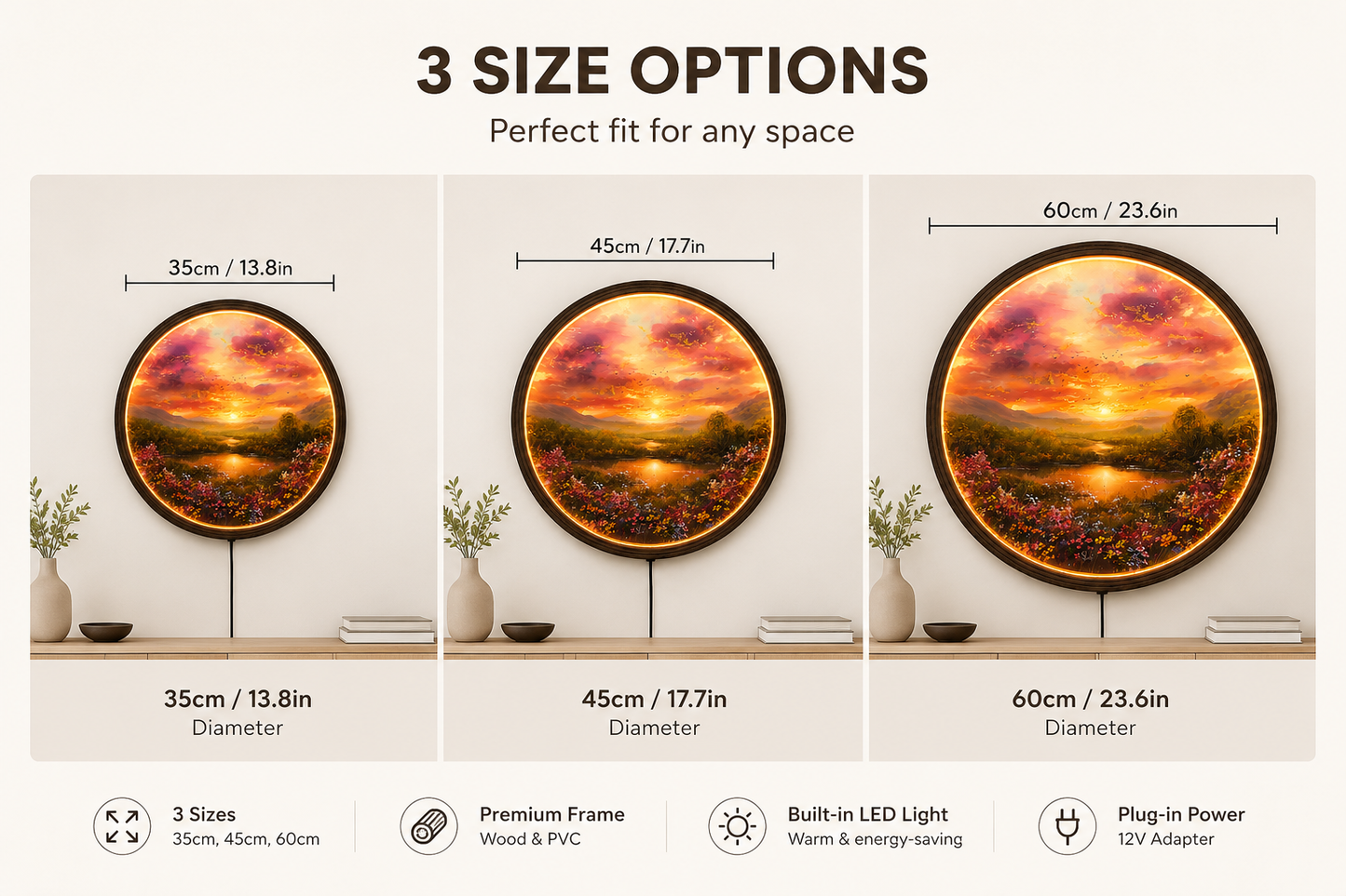 Sunset Landscape Round LED Wall Art – Modern Illuminated Home Decor