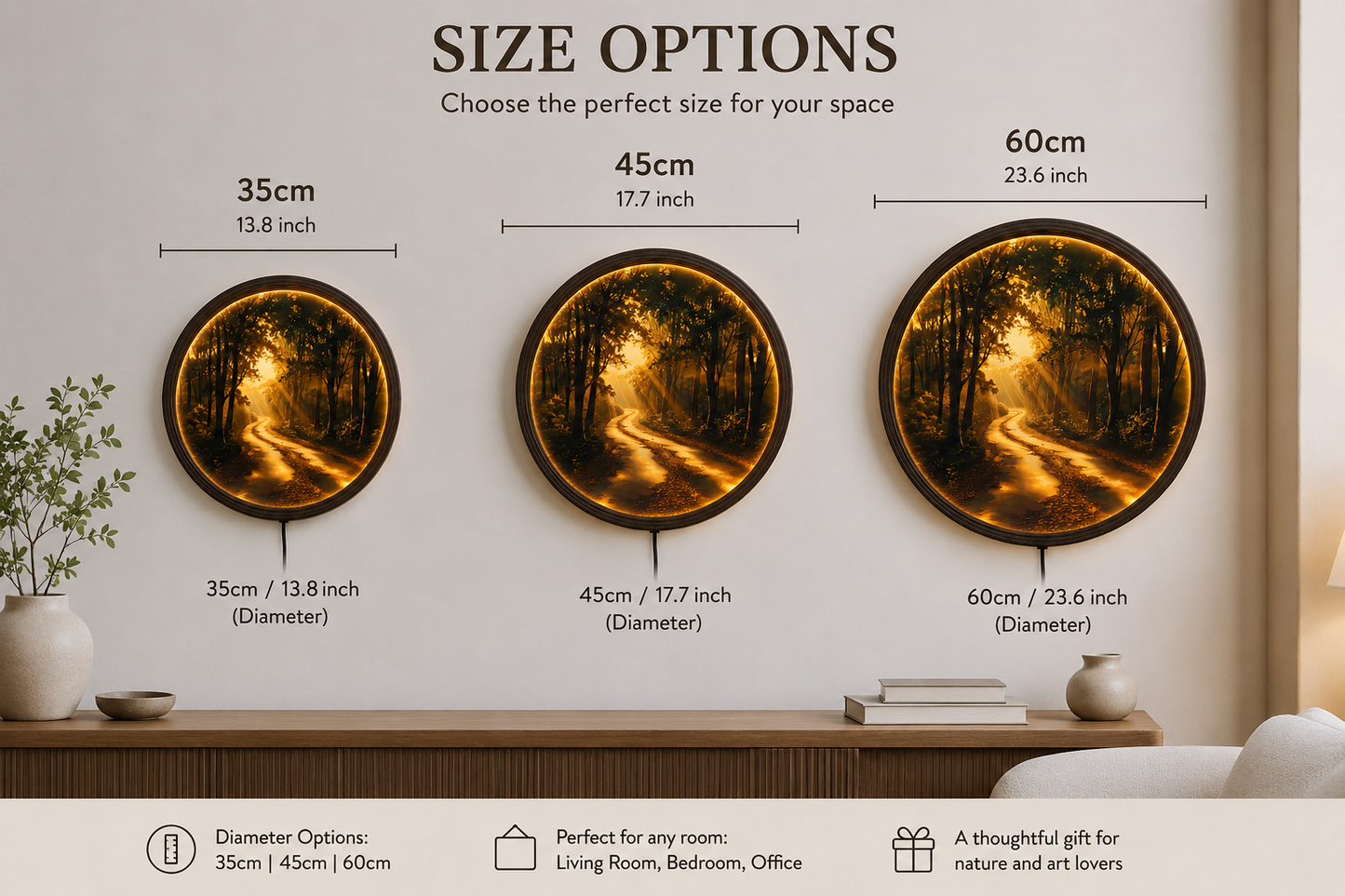 Golden Forest Path LED Wall Art – Round Illuminated Nature Wall Decor