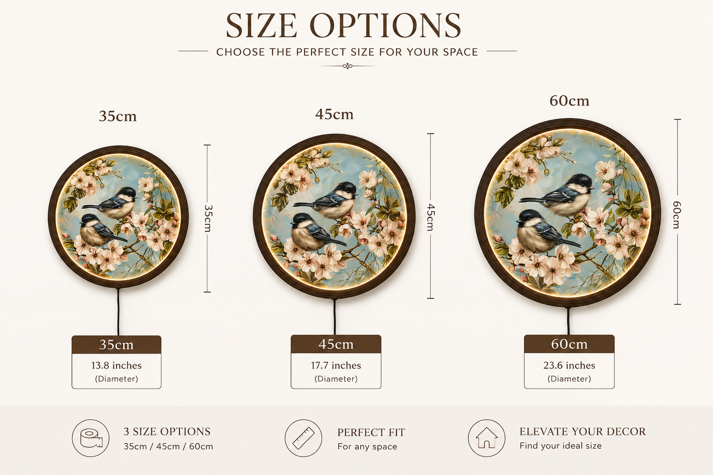 Round LED Bird Wall Art – Cherry Blossom Lighted Wall Decor for Living Room