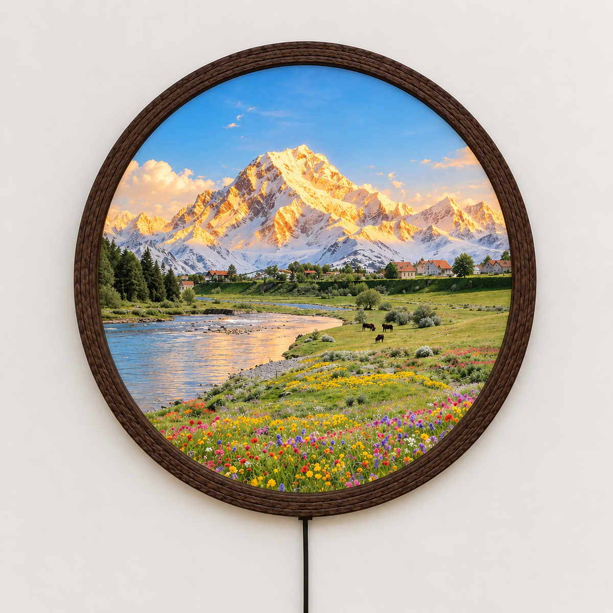 Mountain Landscape LED Wall Art – Round Illuminated Scenic Home Decor