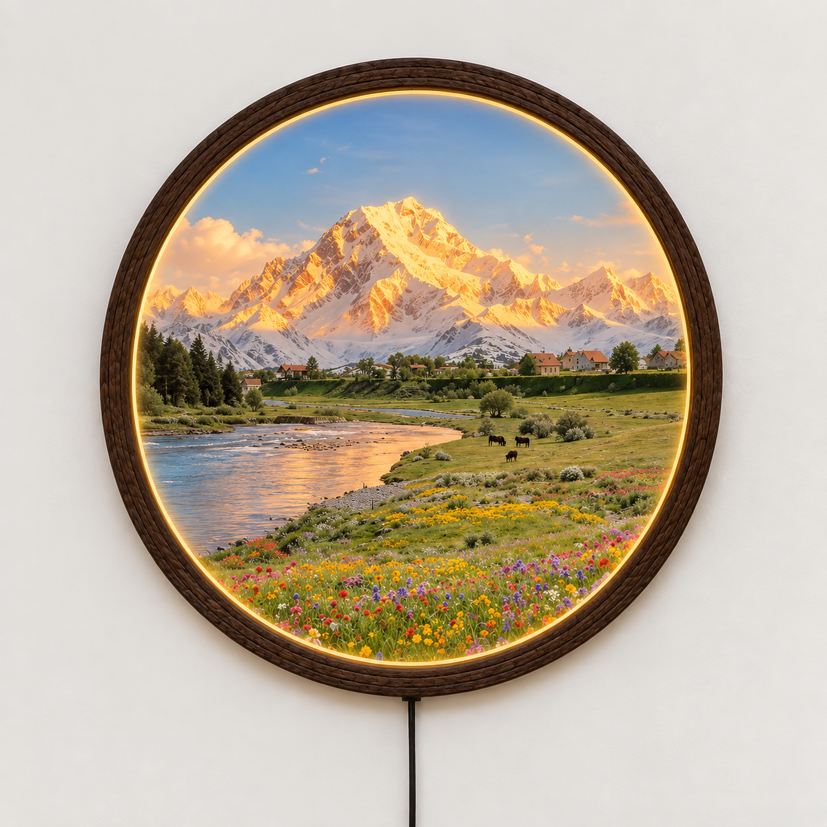 Mountain Landscape LED Wall Art – Round Illuminated Scenic Home Decor