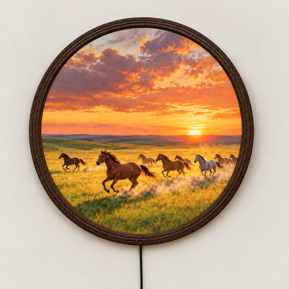 Sunset Running Horses LED Wall Art – Round Illuminated Home Decor
