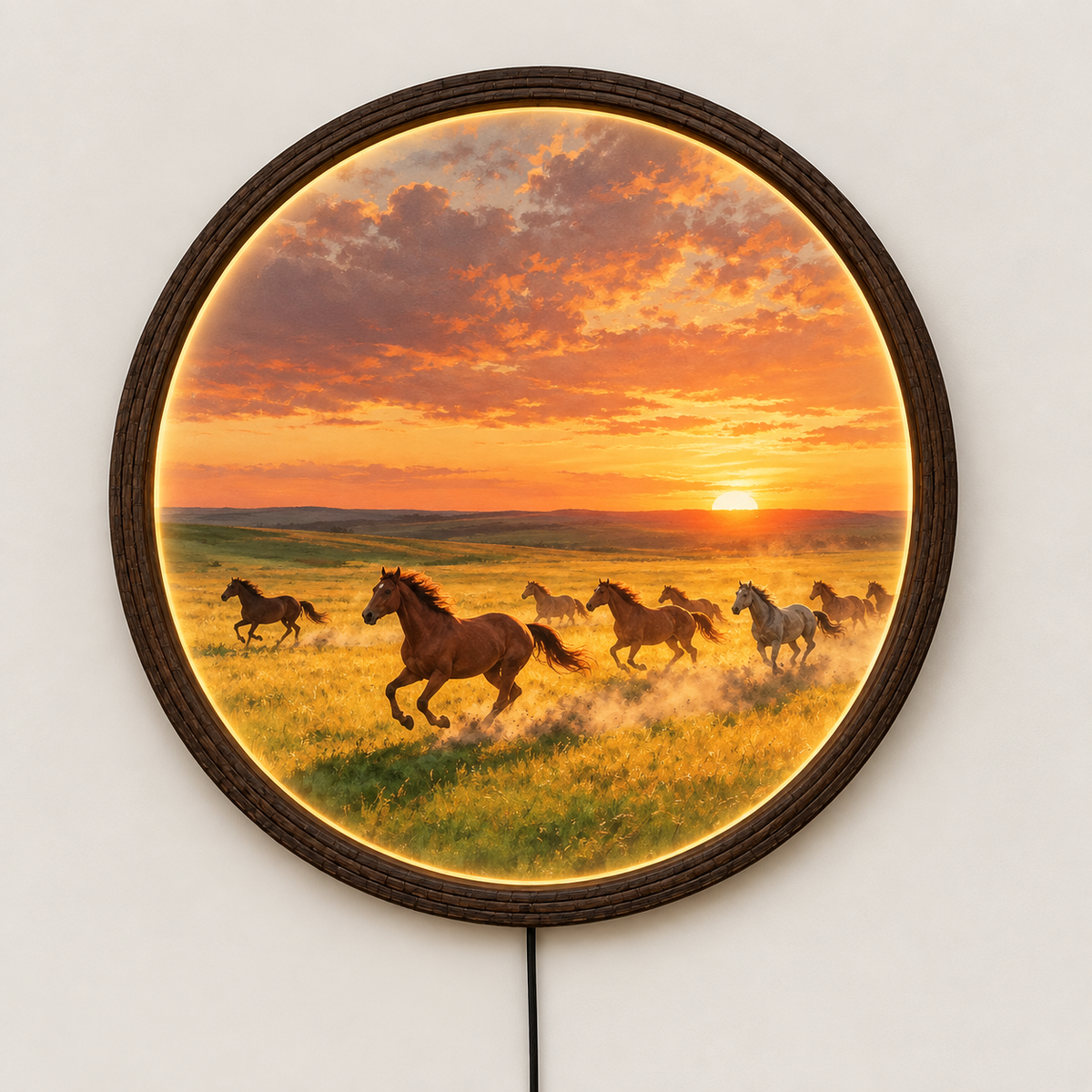 Sunset Running Horses LED Wall Art – Round Illuminated Home Decor