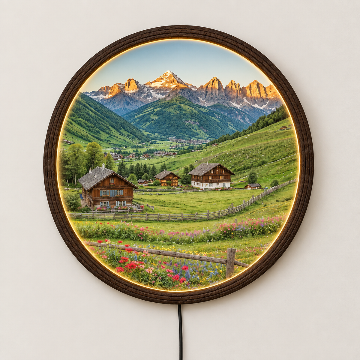 Mountain Village Landscape Round LED Wall Art – Rustic Alpine Home Decor