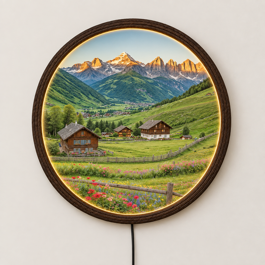 Mountain Village Landscape Round LED Wall Art – Rustic Alpine Home Decor