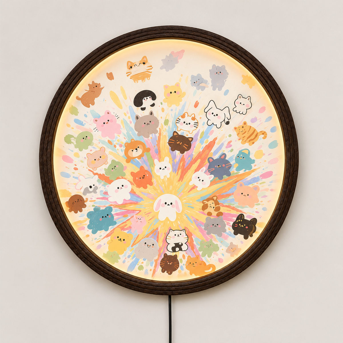 Cute Cartoon Animals Illuminated Round Wall Art – LED Ambient Night Light