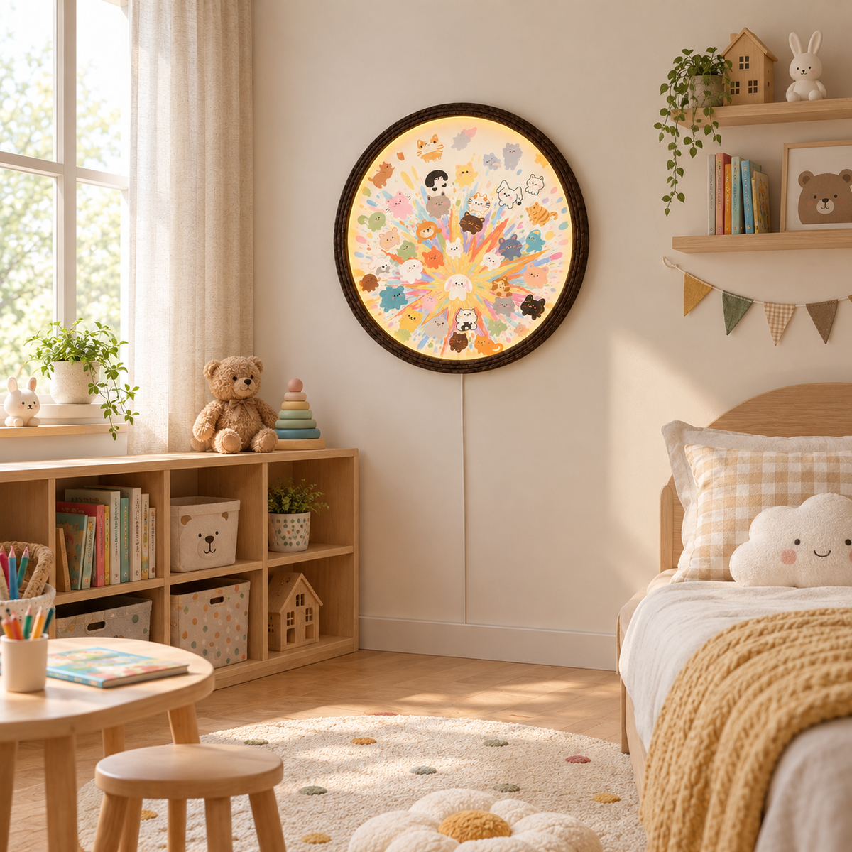Cute Cartoon Animals Illuminated Round Wall Art – LED Ambient Night Light