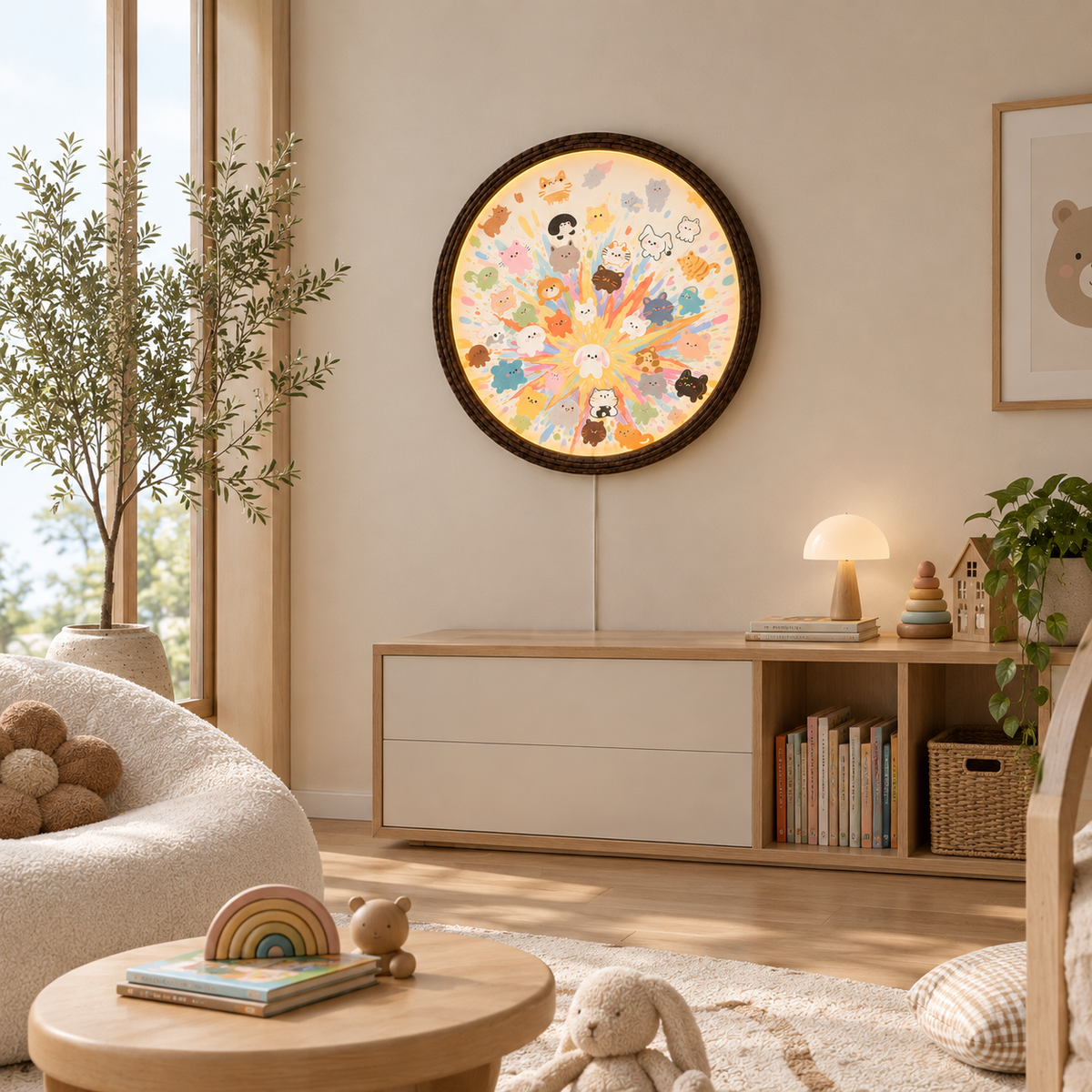 Cute Cartoon Animals Illuminated Round Wall Art – LED Ambient Night Light